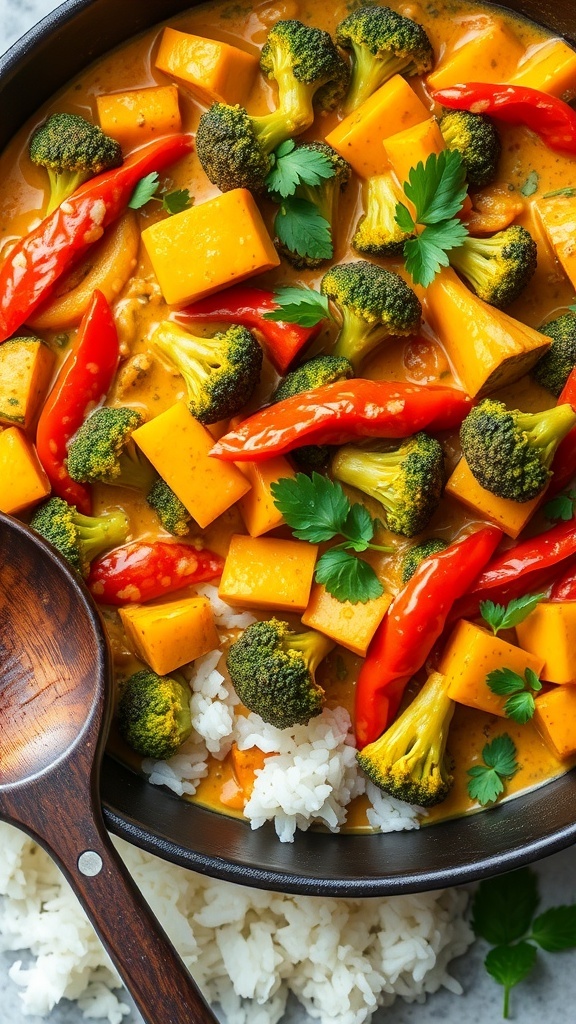 A vibrant curry green goddess skillet with vegetables in coconut sauce, served over rice with fresh herbs.